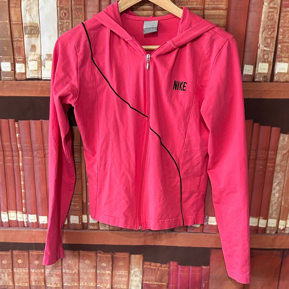 Nike Womens M Pink Hooded Track Jacket Full Zip Lightweight Y2K Running